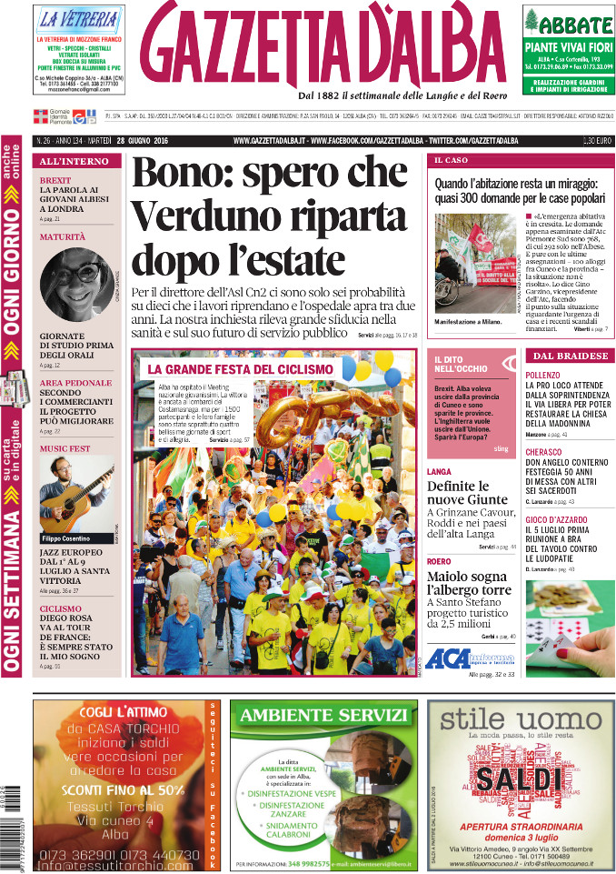 La copertina di Gazzetta d’Alba del 28 giugno 2016