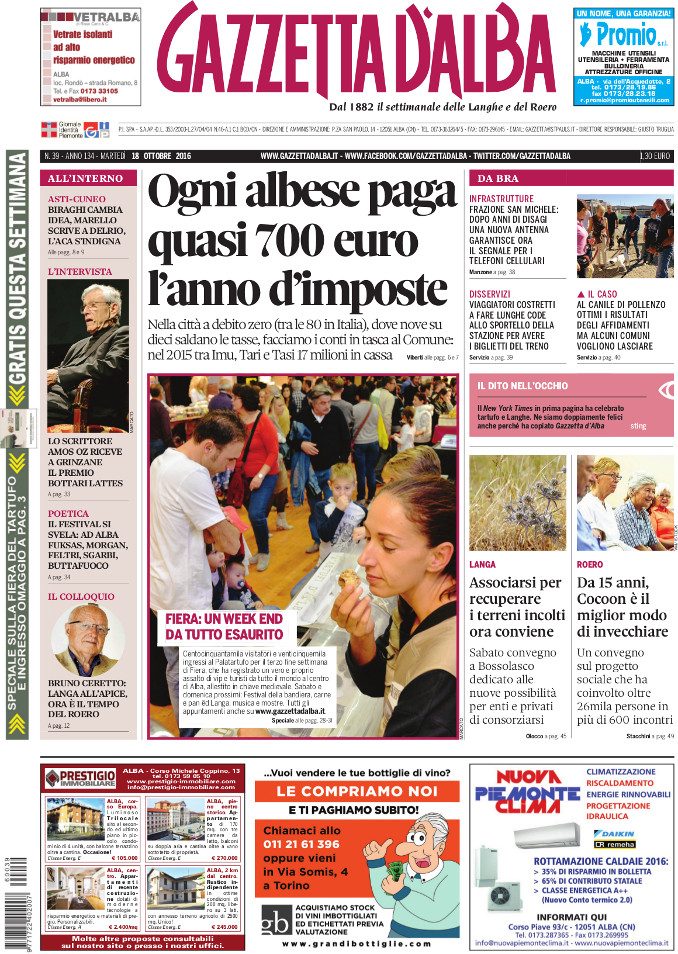 La copertina del numero 39 di Gazzetta d'Alba in edicola martedì 18 ottobre 1