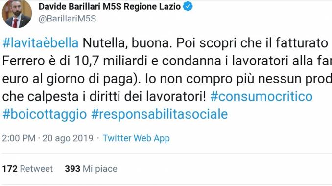 Davide Barillari (M5s) invita a boicottare la Ferrero che sfrutterebbe i lavoratori pagandoli 15 euro al giorno