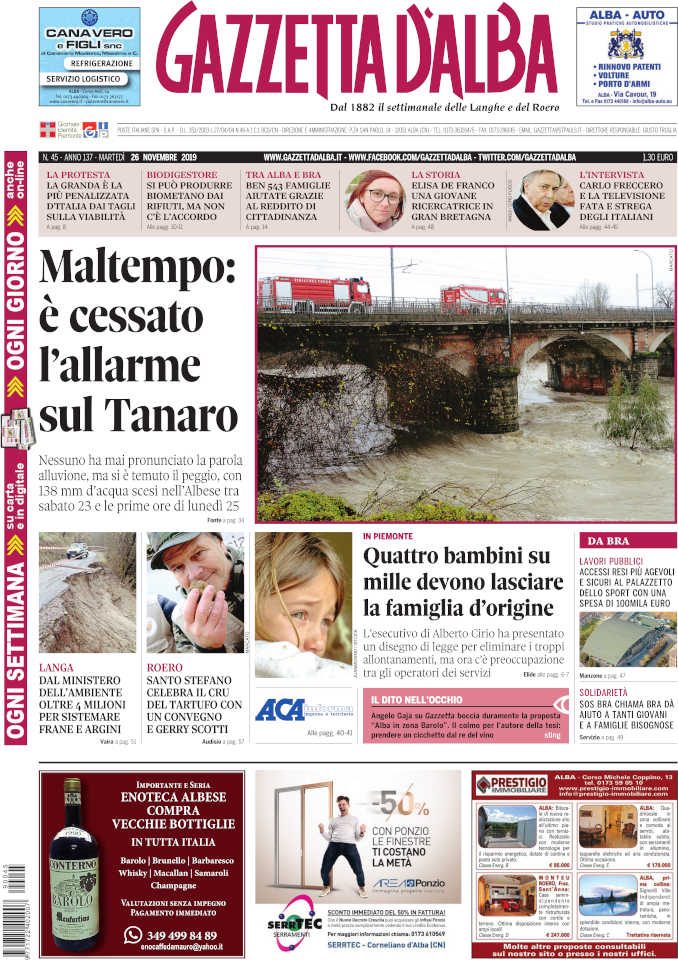 La copertina di Gazzetta d’Alba in edicola martedì 26 novembre