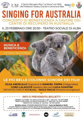 Singing for Australia, concerto di beneficenza il 23 febbraio al Teatro di Alba