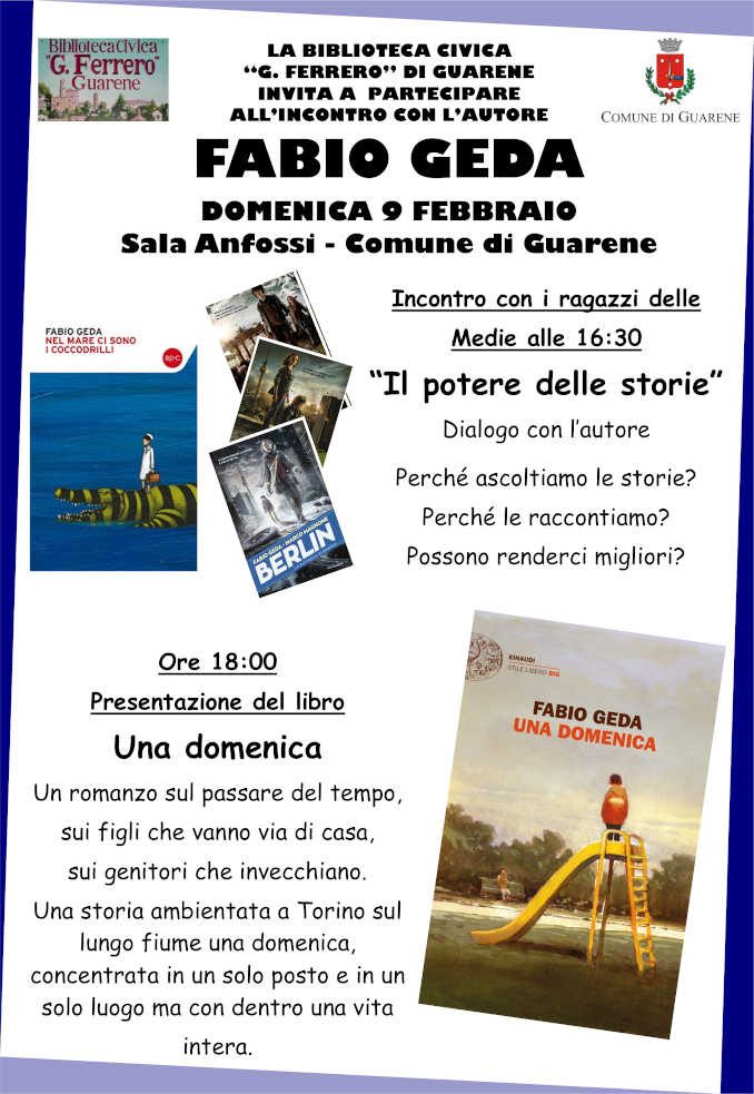 Domani Fabio Geda presenta il suo nuovo libro a Guarene