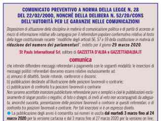 Tariffe per la diffusione di messaggi politici elettorali per il referendum del 29 marzo 2020