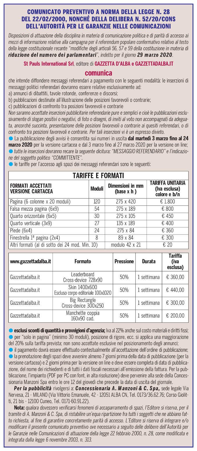 Tariffe per la diffusione di messaggi politici elettorali per il referendum del 29 marzo 2020