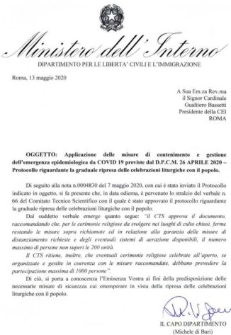 Il Ministero precisa il numero dei fedeli che possono partecipare alle celebrazioni