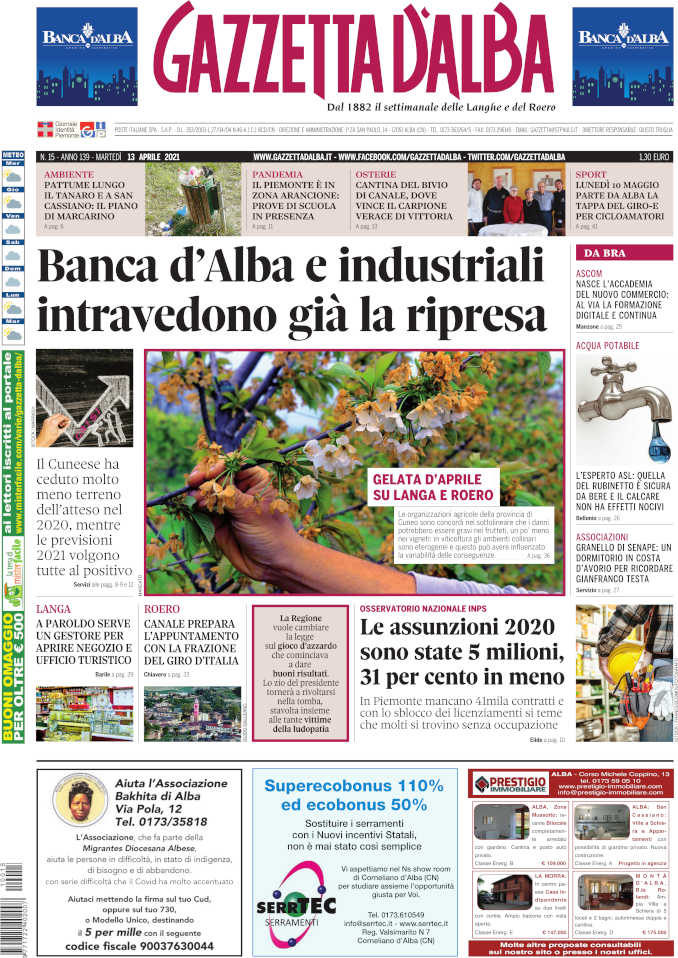 La copertina di Gazzetta d’Alba in edicola martedì 13 aprile