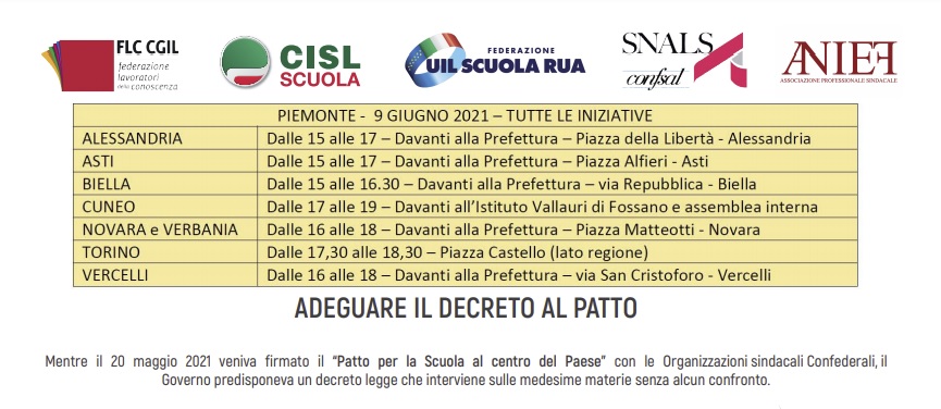 Scuola in piazza il 9 giugno in tutte le province del Piemonte