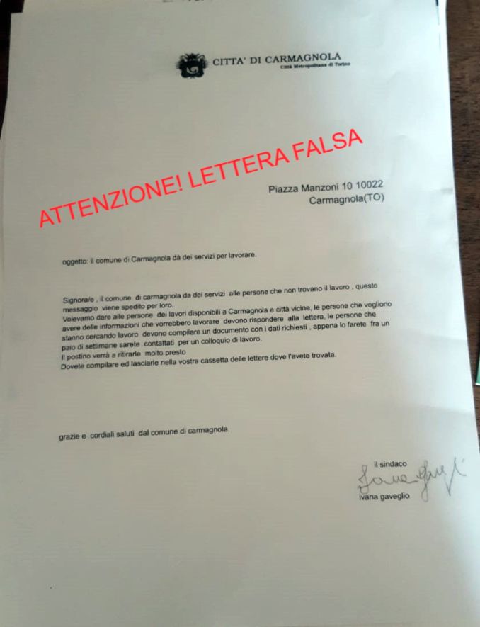 Un falsa lettera del Comune recapitata nelle buche di Carmagnola