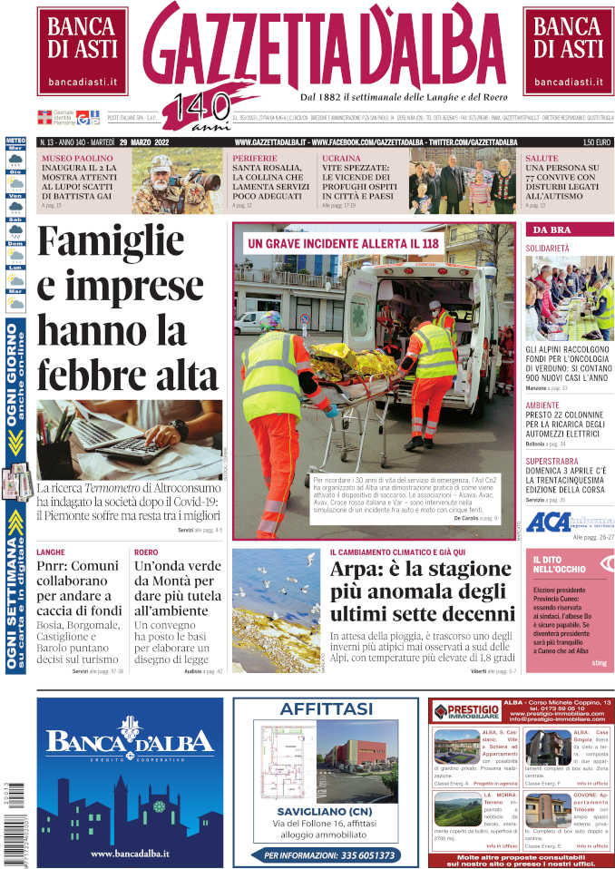 La copertina di Gazzetta d’Alba in edicola martedì 29 marzo