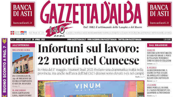Prima_pagina_Gazzetta_Alba_17_22 La copertina di Gazzetta d’Alba in edicola martedì 26 aprile