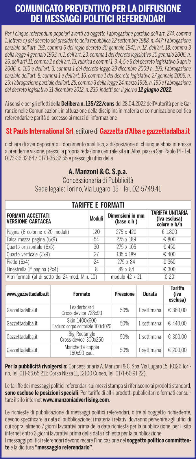 Referendum del 12 giugno, le regole per la pubblicità su Gazzetta d'Alba