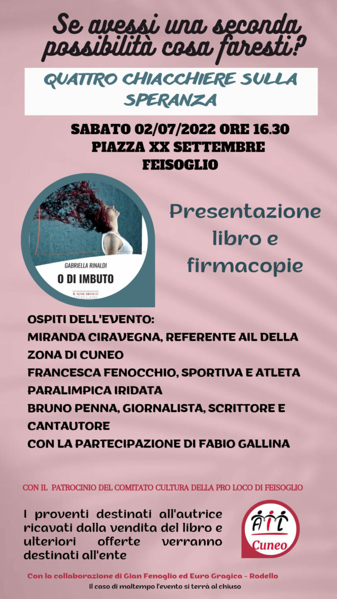 A Feisoglio si presenta il primo libro di Gabriella Rinaldi per raccogliere fondi per l'Ail di Cuneo