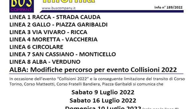 Alba: modifiche alle corse del trasporto pubblico locale in occasione degli eventi di Collisioni 2022