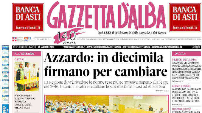 La copertina di Gazzetta d’Alba in edicola martedì 30 agosto 1