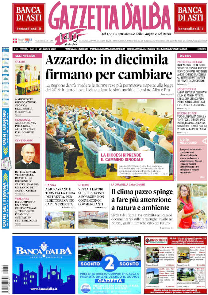 La copertina di Gazzetta d’Alba in edicola martedì 30 agosto 1