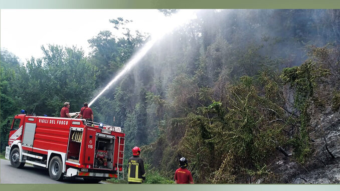 Vasto incendio a Baldissero d'Alba da Strada Belvedere risale il bosco sottostante il Municipio del paese