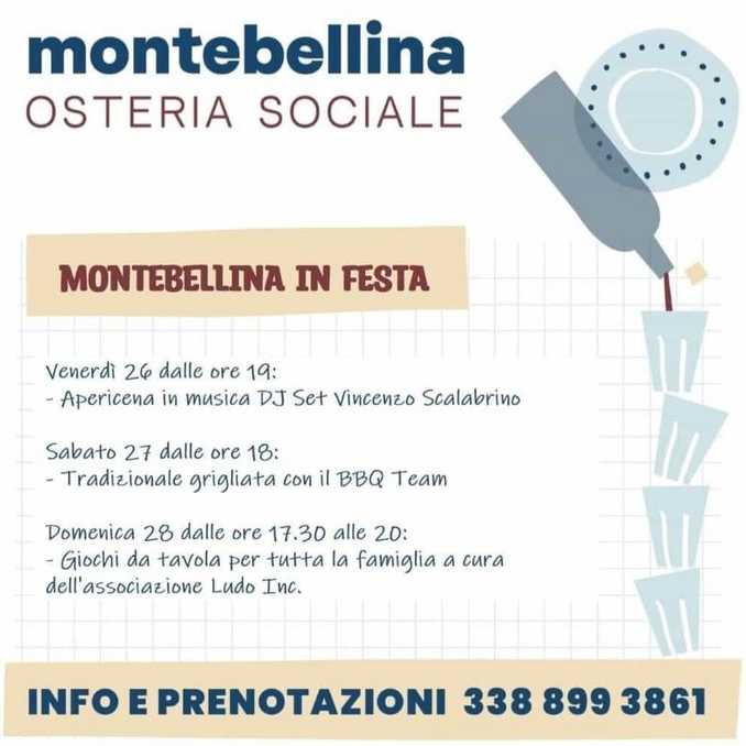 L’Osteria sociale Montebellina organizza un weekend di eventi