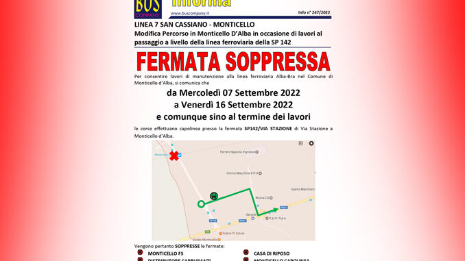 Modifiche al percorso della linea urbana 7 San Cassiano – Monticello da mercoledì 7 a venerdì 16 settembre