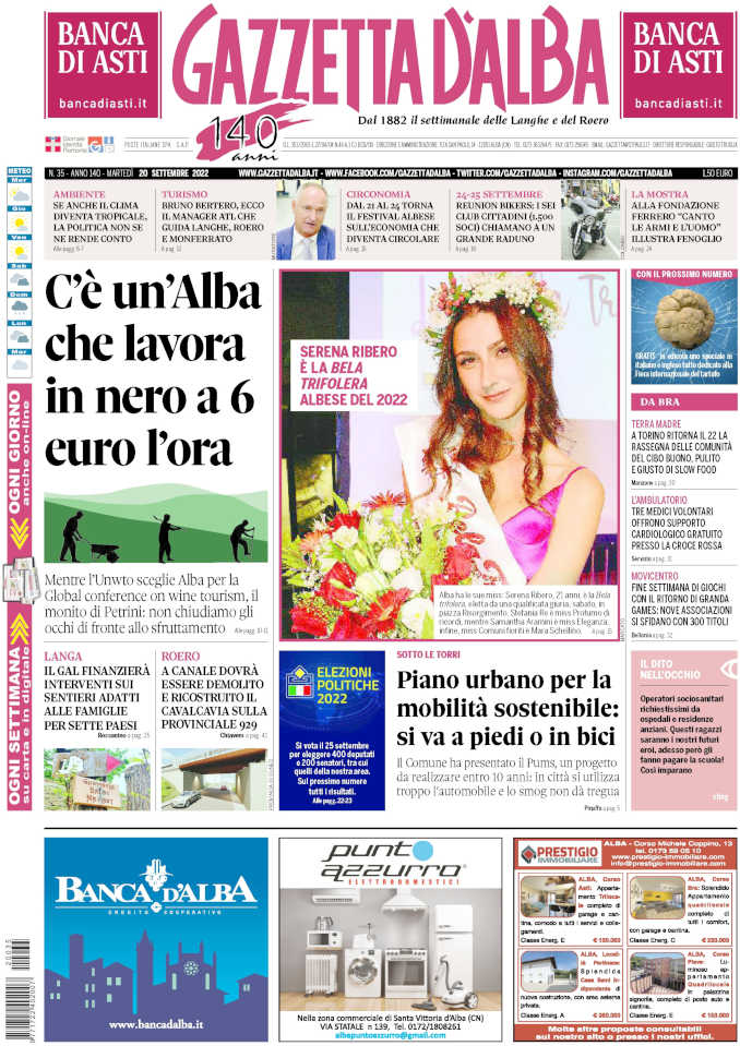 La copertina di Gazzetta d’Alba in edicola martedì 20 settembre 1
