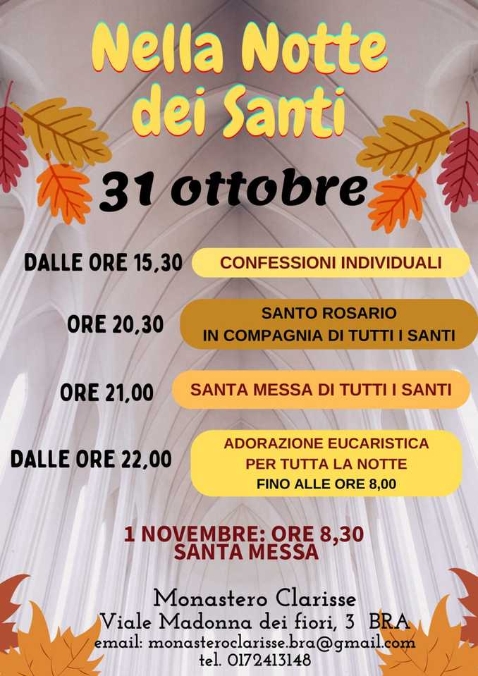 Ad Halloween una veglia con preghiera per tutti i santi alle Clarisse di Bra