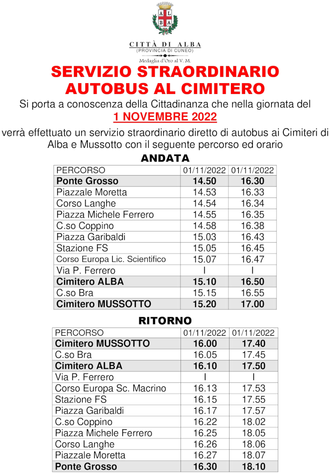 Il 1° novembre autobus  straordinari diretti ai cimiteri di Alba e Mussotto