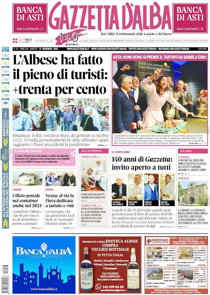 Copertina Gazzetta d'Alba 15 novembre 2022