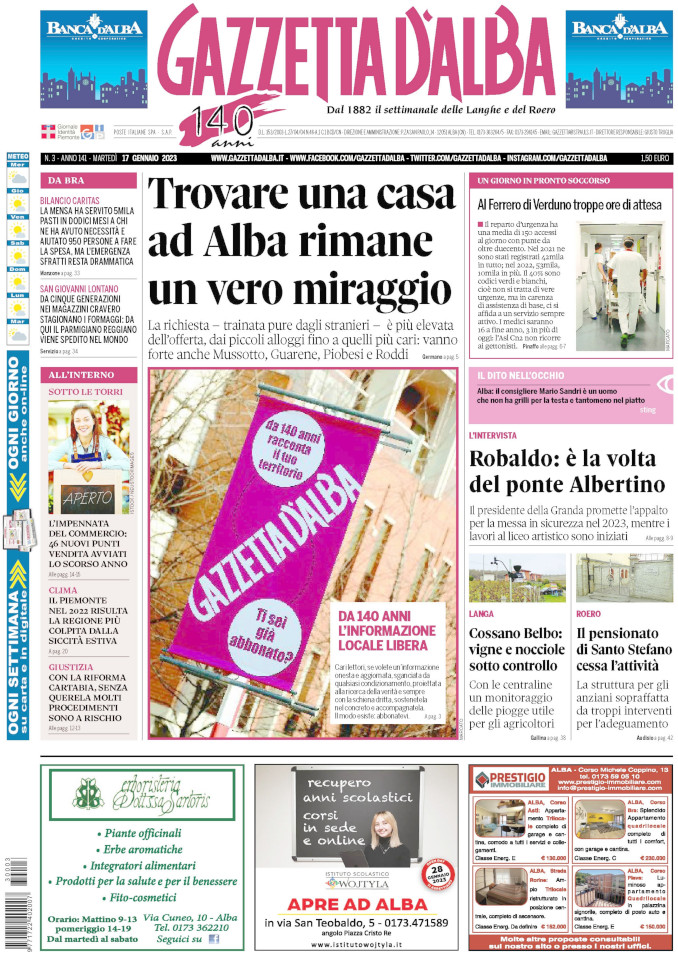 La copertina di Gazzetta d’Alba in edicola martedì 17 gennaio