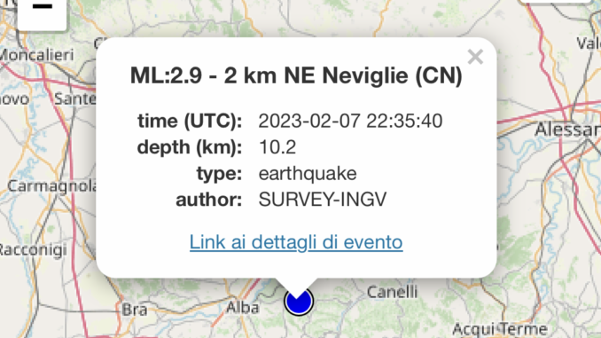 Terremoto di magnitudo 2.9 con epicentro a Neviglie