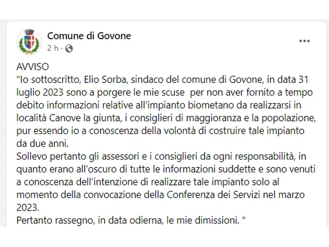 Si dimette Elio Sorba, sindaco di Govone dopo le polemiche sull'impianto a biometano