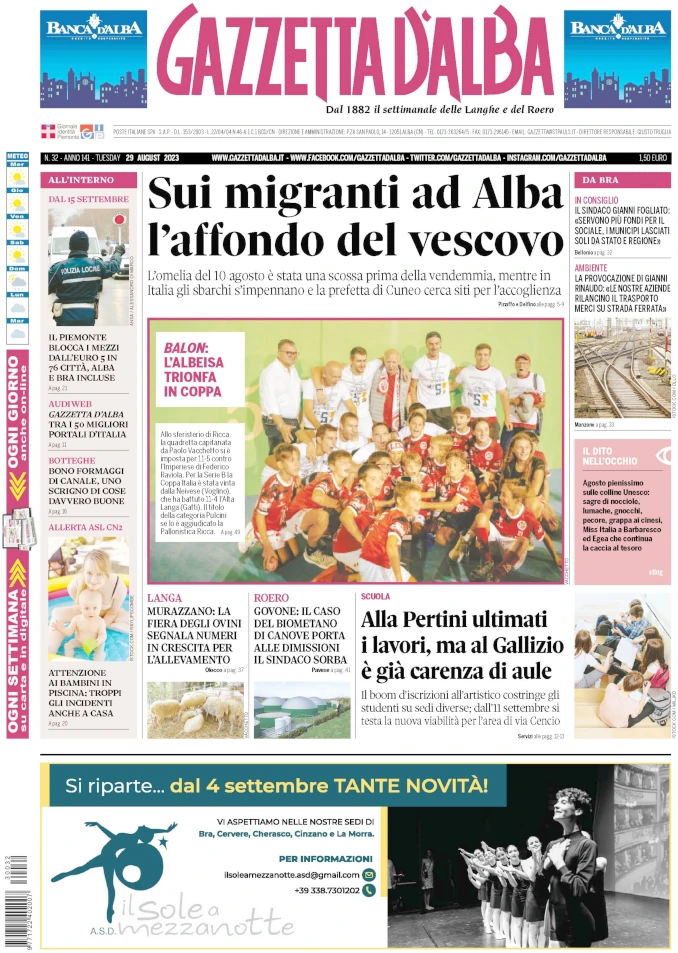 La copertina di Gazzetta d’Alba in edicola martedì 29 agosto