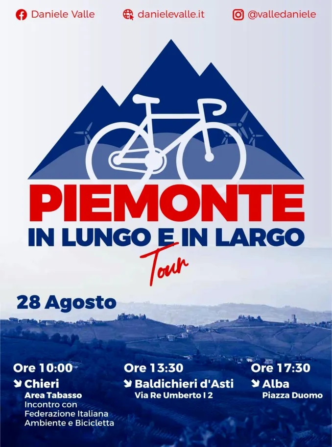 Daniele Valle (Pd) gira il Piemonte in bicicletta in vista delle elezioni 2024. Sarà ad Alba lunedì 28