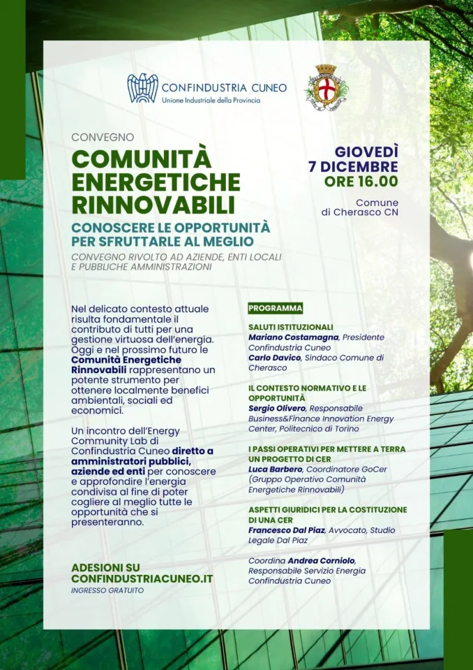 Incontro a Cherasco domani: Confindustria coglie le opportunità delle Comunità energetiche rinnovabili