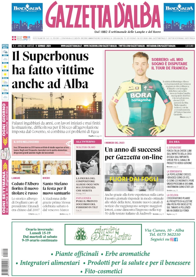 La copertina di Gazzetta d’Alba in edicola martedì 9 gennaio