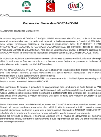 Comunicato sindacato Giordano