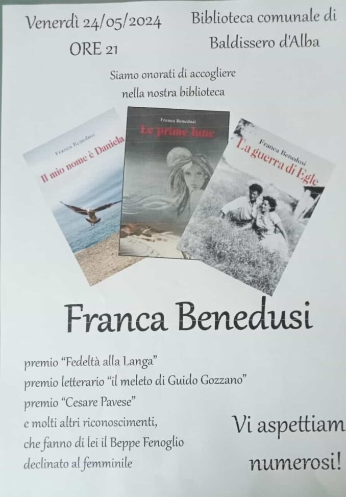 Incontro letterario con la scrittrice Franca Benedusi alla Biblioteca comunale di Baldissero d’Alba 1