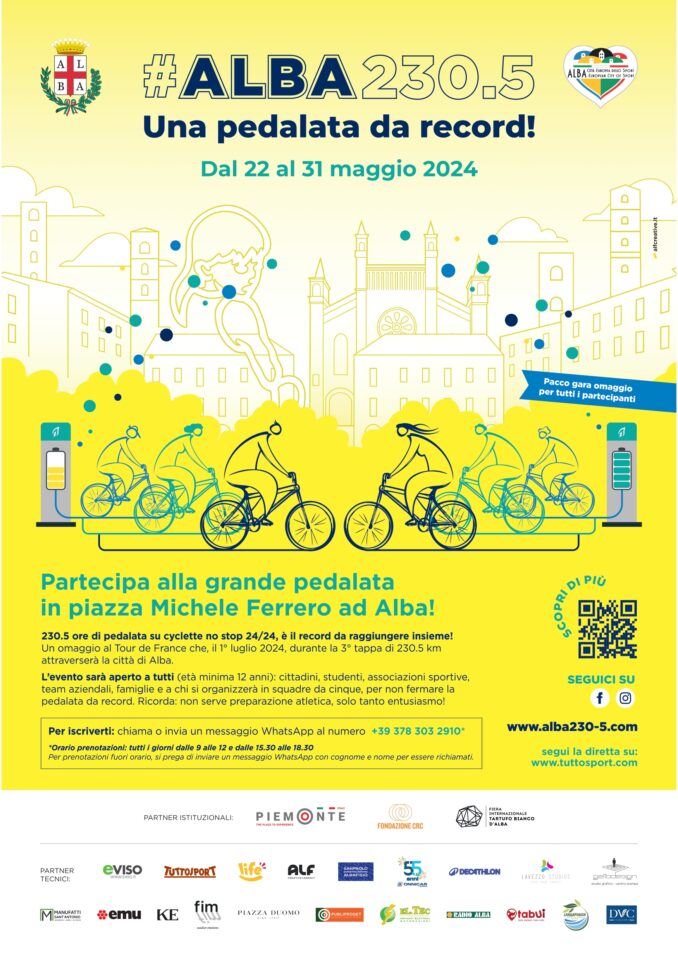 Alba rende omaggio al Tour de France con una pedalata no stop su cyclette in piazza Ferrero per 230.5 ore consecutive
