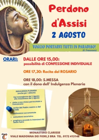 Clarisse  e cappuccini a Bra, con il perdono d'Assisi, inizia il mese di agosto, mese di santa Chiara