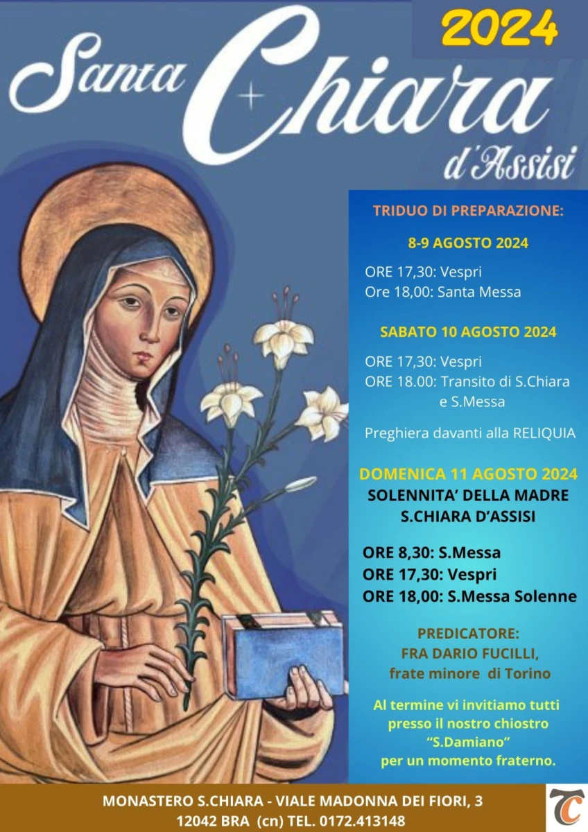 A Bra Clarisse in festa per santa Chiara dall’8 all’11 agosto