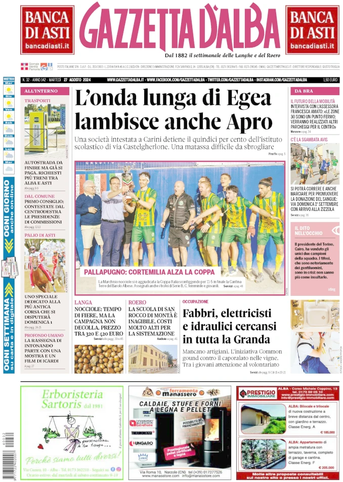 La copertina di Gazzetta d’Alba in edicola martedì 27 agosto