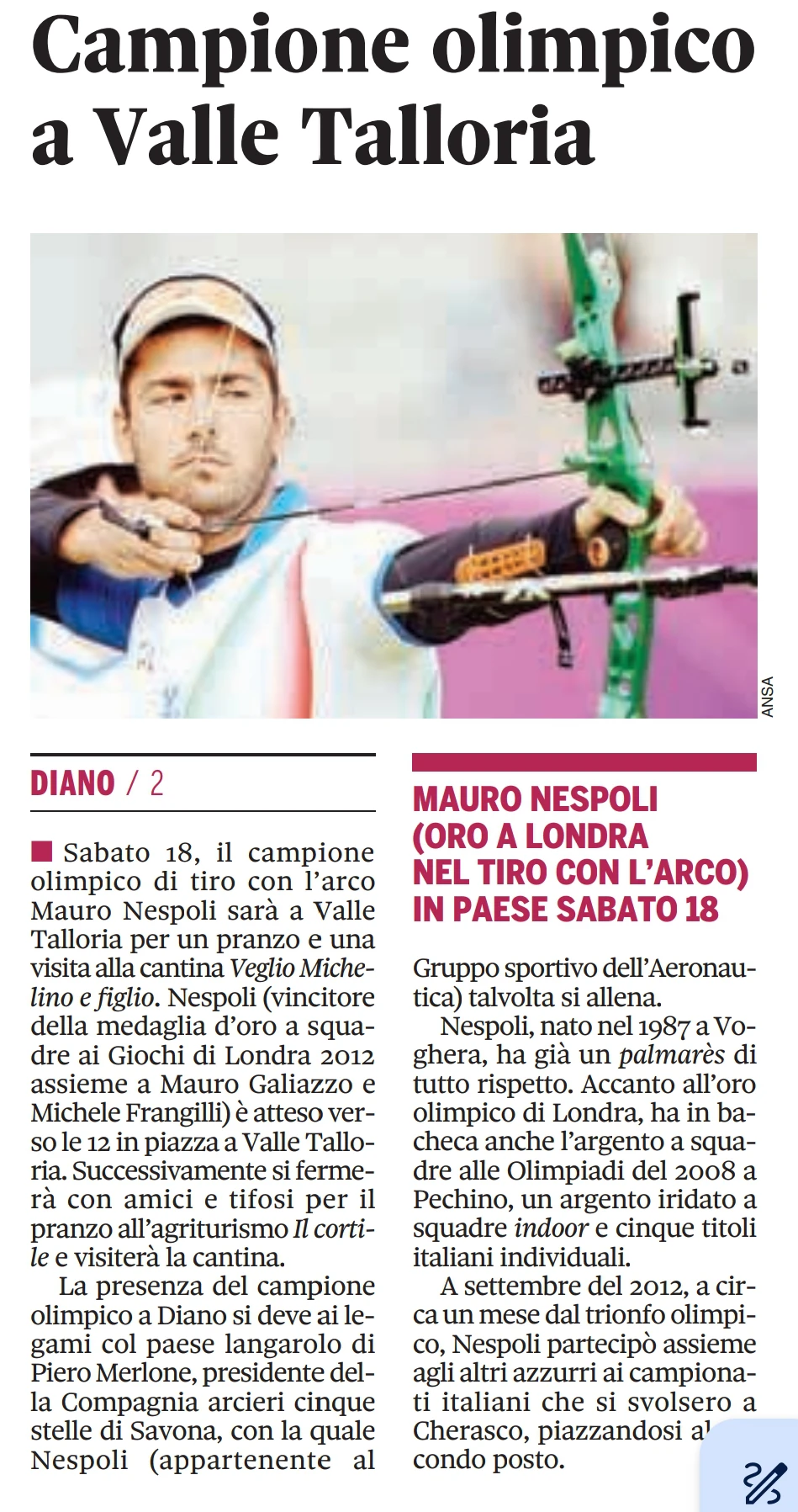 Domani Valle Talloria tifa per l'arciere Mauro Nespoli 1