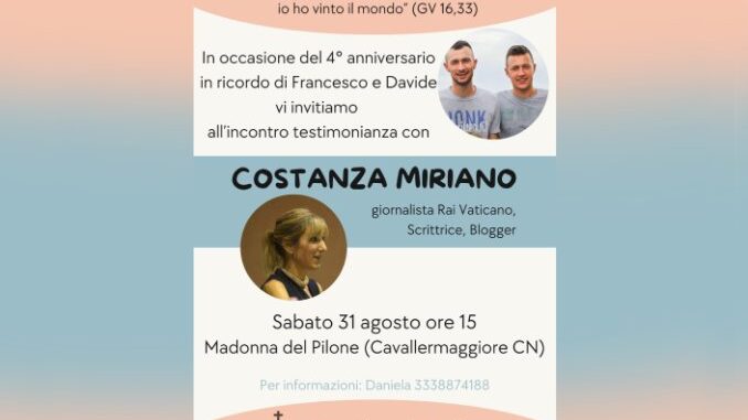 Madonna del Pilone: per ricordare Francesco e Davide Gennero arriva la giornalista Costanza Miriano