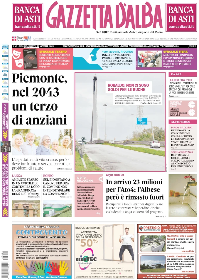 La copertina di Gazzetta d’Alba in edicola martedì 22 ottobre