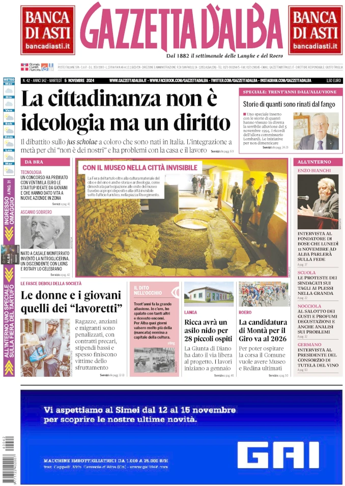 La copertina di Gazzetta d’Alba in edicola martedì 5 novembre 1