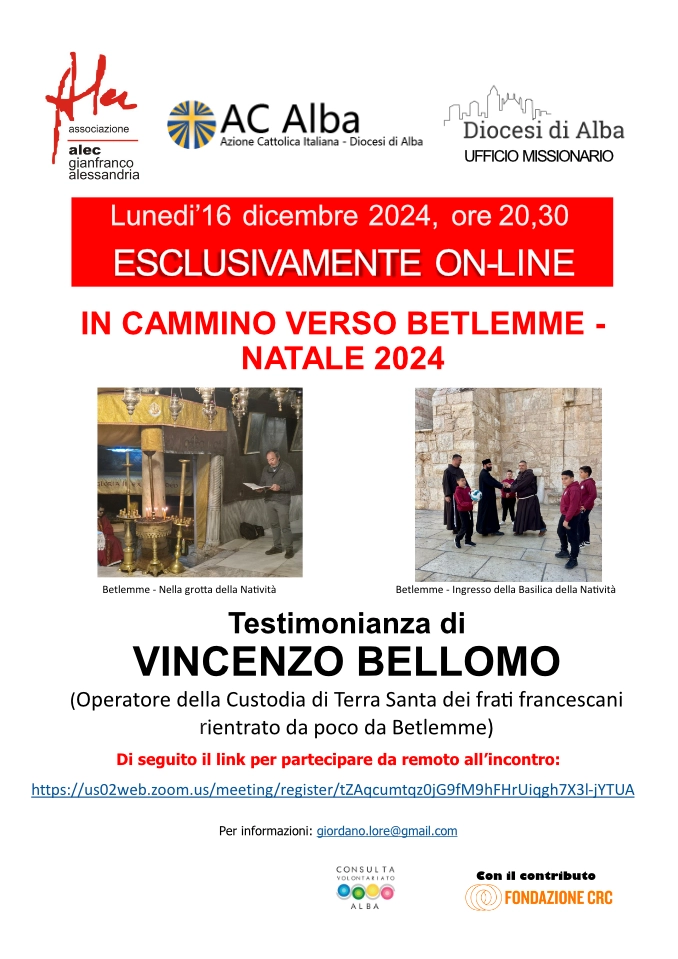 La testimonianza di Vincenzo Bellomo dalla Terra Santa, serata online con l'associazione Alec