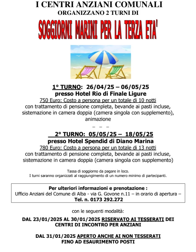 Comune di Alba: aperte le iscrizioni ai soggiorni marini organizzati dai Centri di Incontro per la Terza Età