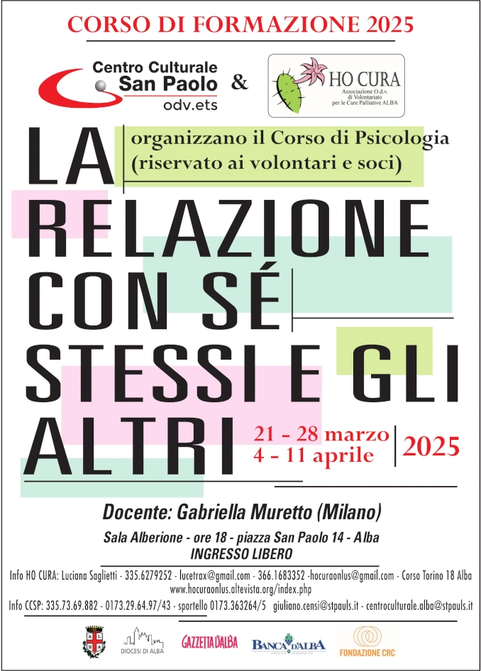 La relazione con sé stessi e gli altri: parte venerdì 21 marzo il corso di Ho cura e centro culturare San Paolo