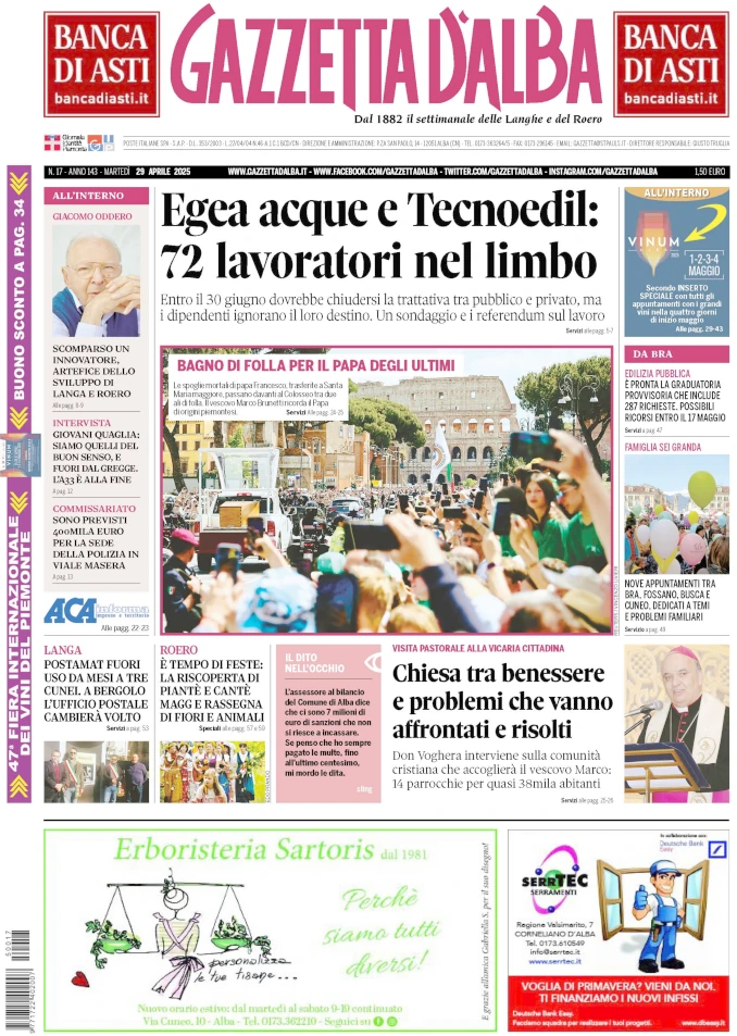 La copertina di Gazzetta d’Alba in edicola martedì 29 aprile