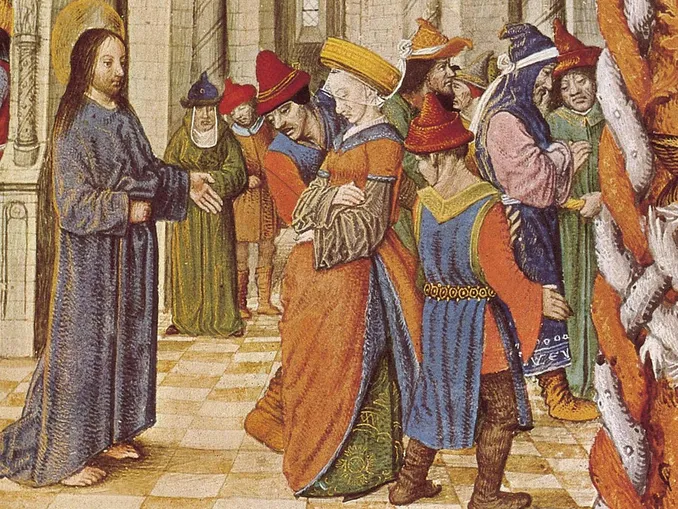 Cristo e l’adultera, miniatura fiamminga dal Breviario della regina Isabella, fine secolo XV.