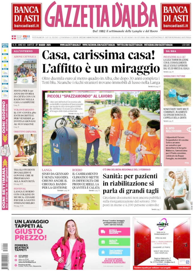 La copertina di Gazzetta d’Alba in edicola martedì 27 maggio