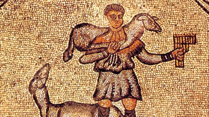 Il Buon pastore, da un mosaico del Quarto secolo, proveniente dalla basilica del Vescovo di Aquileia.
